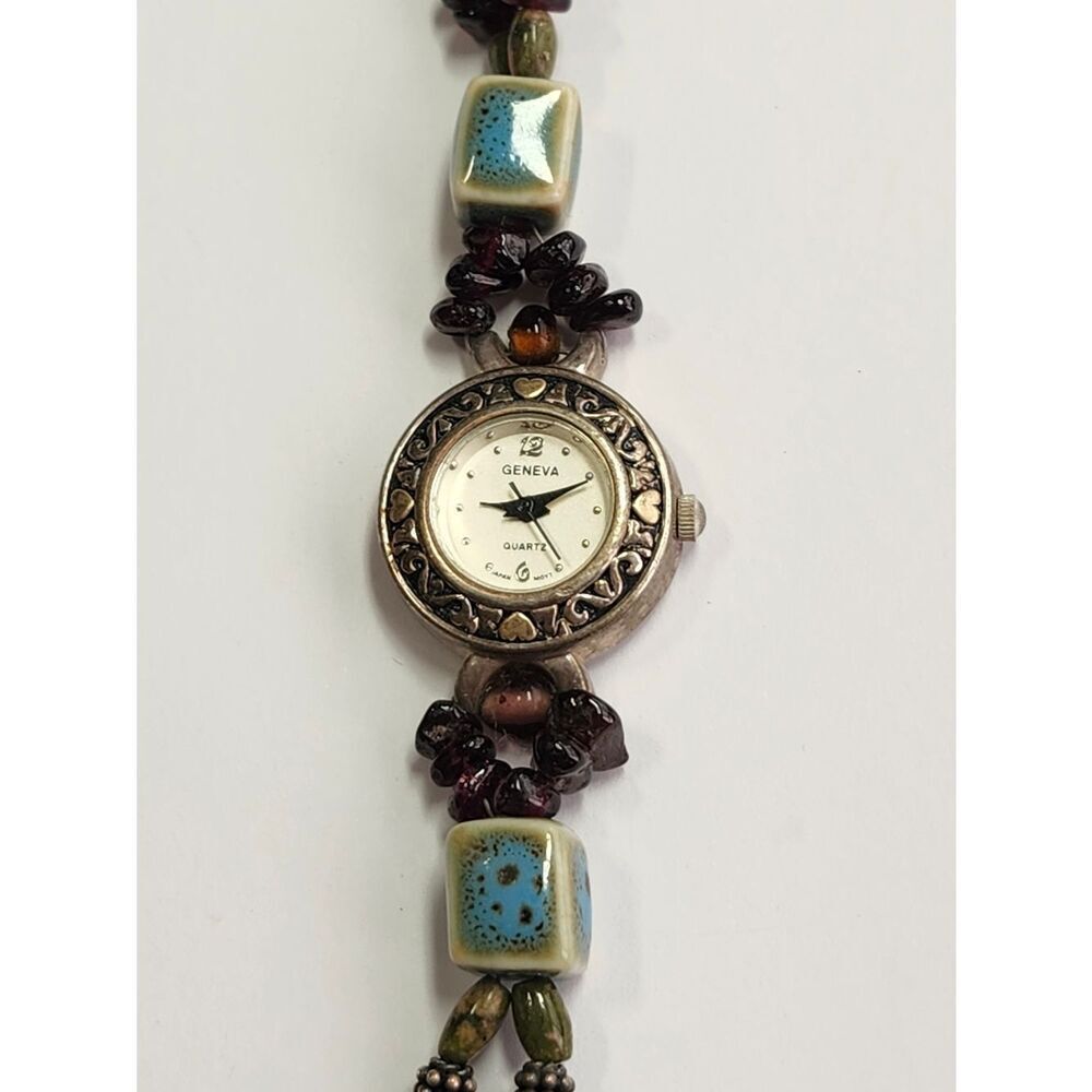 Geneva Elite Women's Beaded Heart Accent Watch Blue & Garnet Sterling Silver